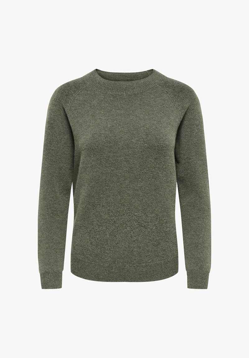 Pull en maille vert olive à manches longues avec encolure ronde, poignets et ourlet côtelés, présenté sur fond blanc.