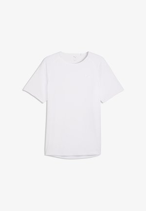 Weißes Sport-T-Shirt mit kurzen Ärmeln und Rundhalsausschnitt, versehen mit einem dezenten Logo auf der Brust, gefertigt aus glattem, atmungsaktivem Stoff.