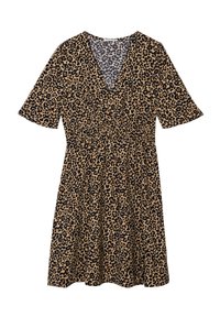 Robe imprimée léopard en beige et noir, avec des manches courtes, un décolleté en V, une taille froncée et une jupe évasée, fabriquée en tissu doux.