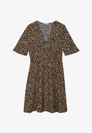 Leopardmønstret kjole i beige og sort, med korte ærmer, V-halsudskæring, sammenrullet talje og udsyet nederdel, fremstillet af blødt stof.