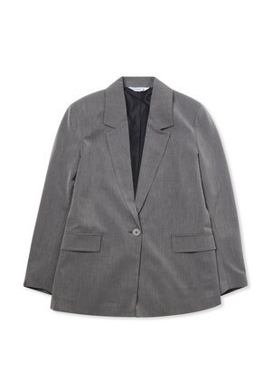 Blazer grigio con una vestibilità strutturata, ampi rever, chiusura con un solo bottone, due tasche frontali e una fodera interna liscia.