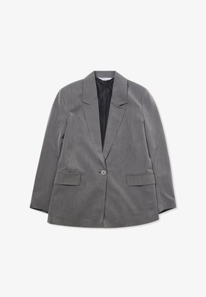 Blazer grigio con una vestibilità strutturata, ampi rever, chiusura con un solo bottone, due tasche frontali e una fodera interna liscia.