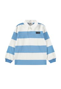 Pikkade varrukatega polo-särk, valmistatud puuvillast, horisontaalsetest sinistest ja valgetest triipudest, krae ning musta ruudulise mustriga plekk.