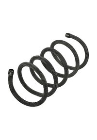 Cable negro trenzado con una textura suave, recogido en forma de espiral. Presenta extremos redondeados con tapas. Material duradero diseñado para conectividad.