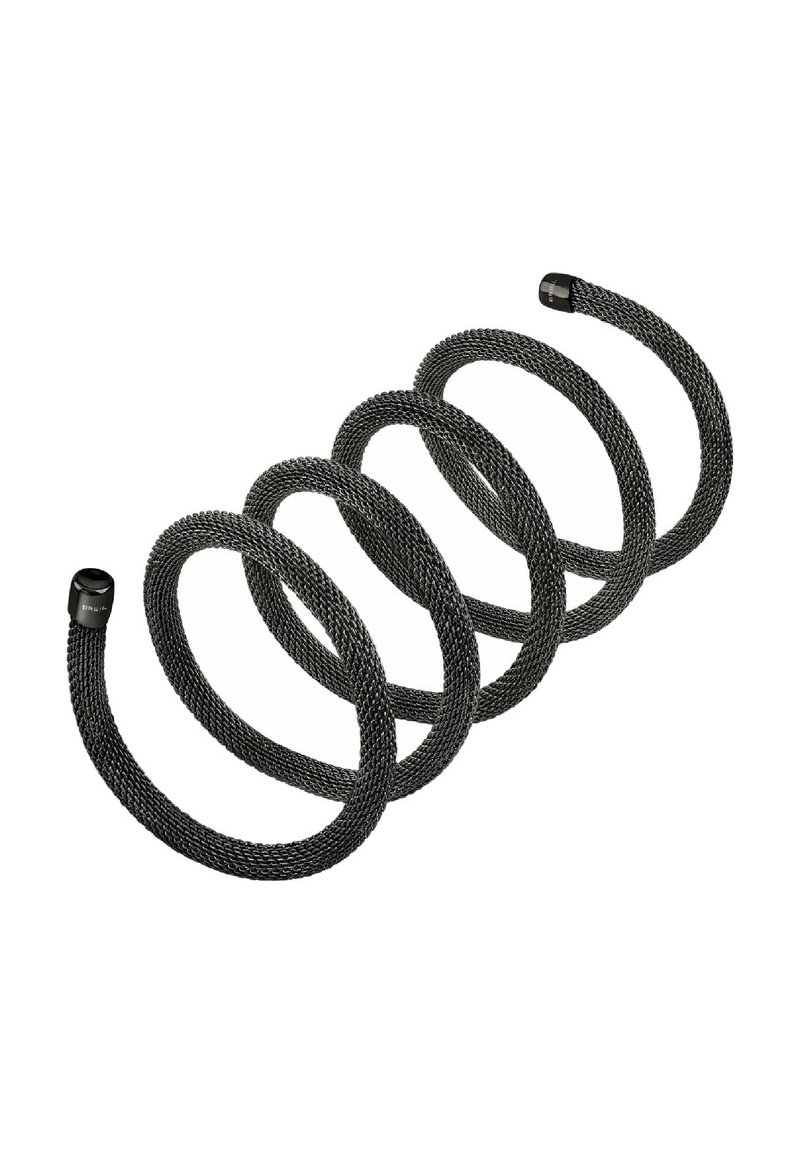 Cable negro trenzado con una textura suave, recogido en forma de espiral. Presenta extremos redondeados con tapas. Material duradero diseñado para conectividad.