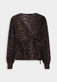 Blouse portefeuille pour femme à manches longues avec imprimé léopard marron et noir, manches retroussées, et lien sur le côté à la taille.