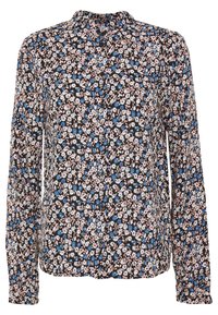 Blusa nera a maniche lunghe con motivo floreale con fiori blu, rosa e bianchi, colletto e chiusura frontale con bottoni.
