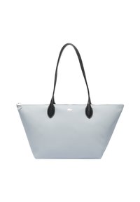 Borsa tote azzurro chiaro con dettagli e manici in pelle nera. Presenta una superficie liscia e strutturata e un sottile dettaglio del logo sul davanti.