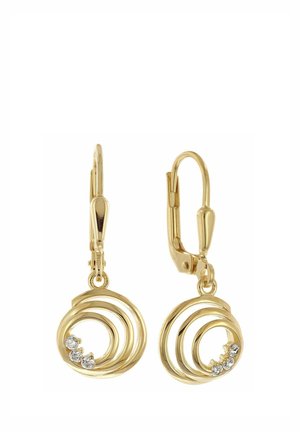 Gold hoop earrings with three small clear gemstones set in a spiral design, featuring lever-back clasps for secure wear.