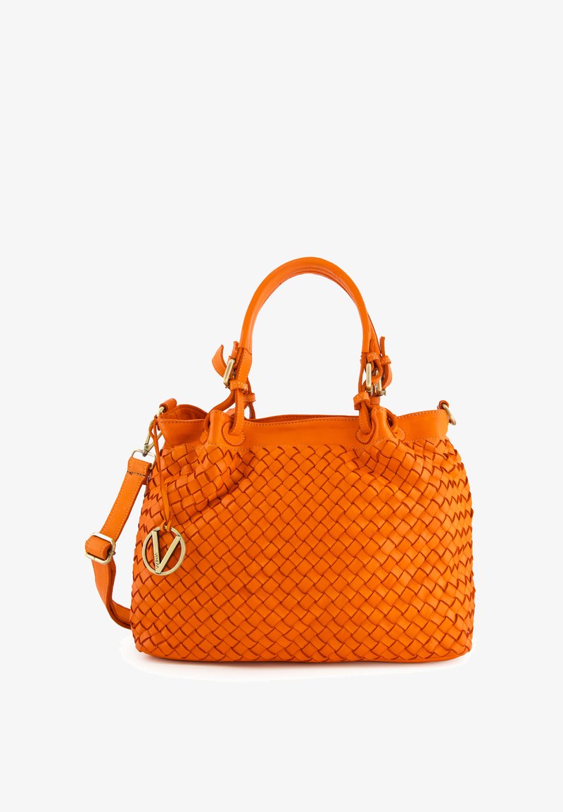 Woven leather handbag in vibrant orange. Features dual handles, a detachable strap, gold-tone hardware, and a logo charm.