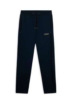 Pantalones jogger azul marino fabricados en una tela suave, con cintura ajustable mediante cordón, bolsillos laterales y el logo "FREDDY" en dorado en la parte frontal.