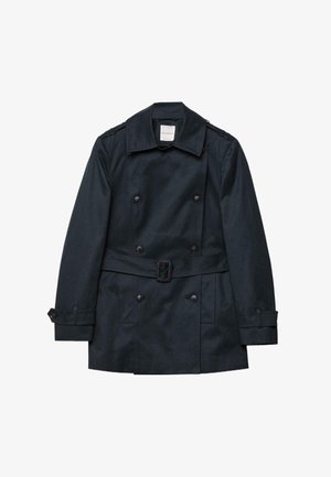 Trench coat nero doppiopetto con ampio collo, polsini con bottoni, cintura in vita e spalline sulle spalle.