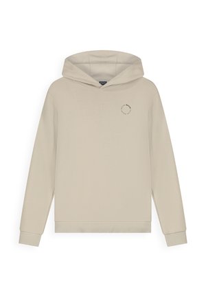 Beige hooded sweatshirt with long sleeves and small circular logo on left chest reading "BALLIN" and "MILLER."