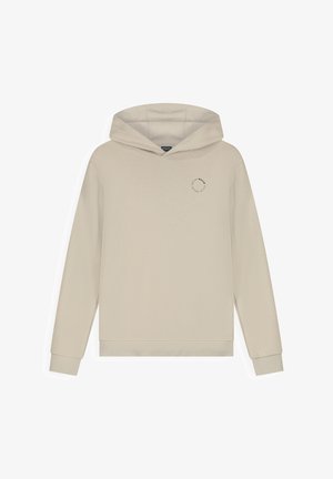 Beiger Kapuzenpullover mit langen Ärmeln und kleinem runden Logo auf der linken Brust mit der Aufschrift "BALLIN" und "MILLER".