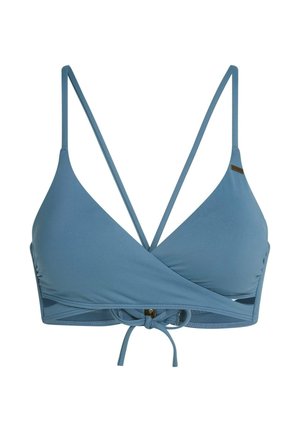 Világoskék bikini felsőrész vékony pántokkal, átlapolt kialakítással és hátul állítható megkötővel. A nyakkivágás közelében fém díszítőelemmel.