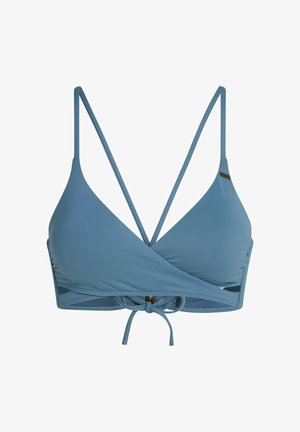 Világoskék bikini felsőrész vékony pántokkal, átlapolt kialakítással és hátul állítható megkötővel. A nyakkivágás közelében fém díszítőelemmel.