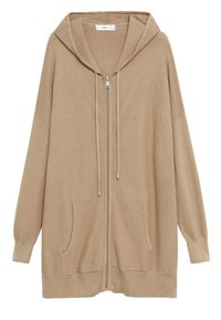 Cardigan beige à capuche avec fermeture éclair, manches longues, capuche à cordon, deux poches avant et poignets et ourlet côtelés.