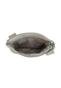 Borsa a mano verde chiaro con un'esterno textured e hardware in argento. L'interno presenta un motivo con logo, molteplici scomparti e una chiusura a zip.