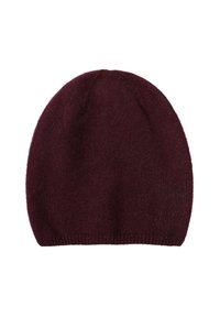 Căciulă tricotată moale, de un burgundy închis, cu vârf rotunjit și margine ribonată, prezentată plat pe un fundal alb.