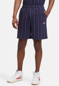 Shorts a righe blu marine con vita elastica; dotati di tasche laterali e un piccolo logo FILA bianco a sinistra. Abbinali a sneakers bianche.