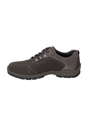 Grau Wildlederschuh mit schwarzen Akzenten, Schnürdesign, Gummisohle und kontrastierenden Nahtdetails. Modernes Shape mit verstärktem Absatz und Verstärkung an der Schuhspitze.