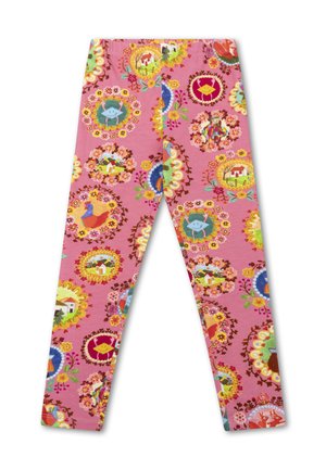 Roze legging met een kleurrijke bloemen- en dierenprint met cirkelpatronen, gemaakt van een zachte, rekbare stof.