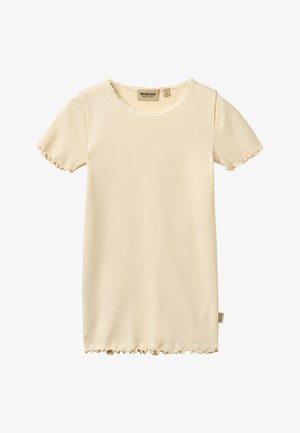 Lichtbeige geribd T-shirt met korte mouwen en geschulpte randen, voorzien van een ronde halslijn en een klein merkembleem aan de zijkant.