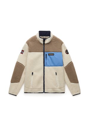 Giacca in fleece con cerniera, caratterizzata da toppe crema, marroni e blu. Collo alto, due tasche laterali con cerniera e dettagli del logo sul petto.