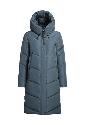 Pitkä, hupullinen toppatakki tummanvihreänä. Ominaisuuksiin kuuluu tikatut osiot, mustat yksityiskohdat ja edessä vetoketju. Teksturoitu kangas, jossa sileä pinta.