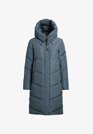 Langer, kapuzenbesetzter Steppmantel in dunklem Türkis. Verfügt über gesteppte Bereiche, schwarze Beschläge und einen Frontreißverschluss. Strukturierter Stoff mit glattem Finish.