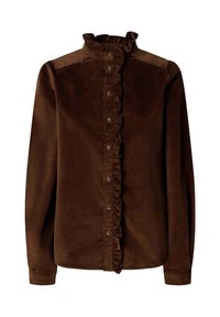 Camisa de pana marrón con cuello rizado, cierre de botones en la parte delantera y mangas largas. Presenta acentos metálicos en los hombros. Textura suave, diseño estructurado.