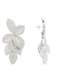 Silver leaf-shaped earrings adorned with small, clear rhinestones, featuring a textured surface and delicate post-back closure.