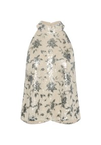 Top cu paiete crem, cu guler înalt și model floral în argintiu. Materialul este lucios, cu un finisaj texturat. Design evazat la tiv.