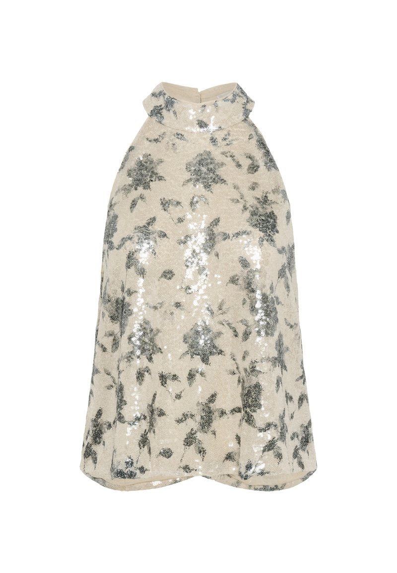 Creme sequinned top med høj hals og blomstermønster i sølv. Stoffet er skinnende med en struktureret overflade. Udsvingt design ved kanten.