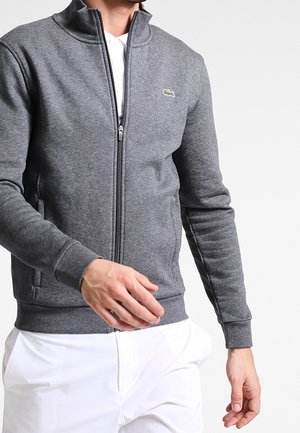 Mann trägt eine graue Jacke mit durchgehendem Reißverschluss, mit kleinem grünem Krokodil-Logo auf der Brust und weiße Hose, vor einem schlichten Hintergrund.