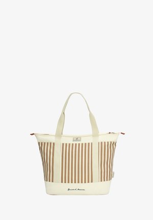 Beige-braun gestreifte Tragetasche mit zwei Griffen und Reißverschluss, ausgestattet mit einem kleinen Logoschild und eingesticktem Markennamen.
