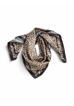 Foulard en soie avec imprimé léopard beige et noir, bordure noire et accents gris, plié librement sur fond blanc.