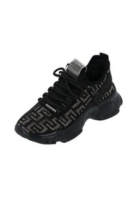 Schwarzer Sneaker mit einem strukturierten Obermaterial, das metallische Akzente aufweist, abgerundetem Zehenbereich und gepolsterter Sohle für Komfort und Unterstützung.