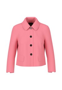 Veste rose en tissu lisse avec col, fermeture à boutons à l'avant et deux poches latérales. Caractérisée par des boutons noirs et des manches droites.