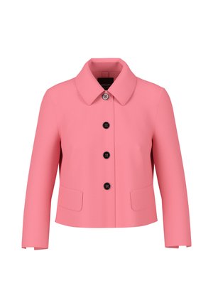 Pink jacket made of smooth fabric with a collar, front button closure, and two side pockets. Features black buttons and straight cut sleeves.
