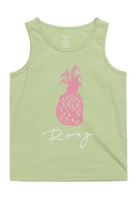 Svetlozelený top na ramienka vyrobený z organickej bavlny, na ktorom sa nachádza grafika ružového ananásu a biely nápis "Roxy" potlačený na spodnej časti.