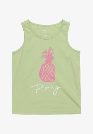 Hellgrünes Tanktop aus Bio-Baumwolle mit einem rosa Ananas-Graphic und weißem "Roxy"-Text am unteren Rand.