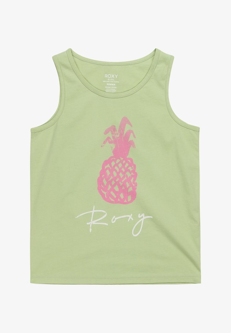 Svetlozelený top na ramienka vyrobený z organickej bavlny, na ktorom sa nachádza grafika ružového ananásu a biely nápis "Roxy" potlačený na spodnej časti.
