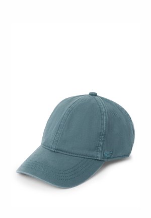 Cotton baseball cap in a muted teal color, featuring a curved brim and stitched accents, with a small logo on the side.