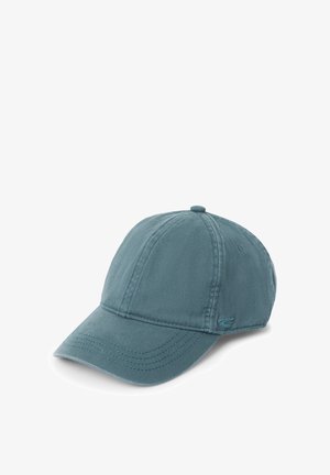 Cotton baseball cap in a muted teal color, featuring a curved brim and stitched accents, with a small logo on the side.
