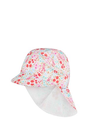 Floral-patterned sun hat with pink, red, blue, and orange flowers, featuring a curved brim and neck flap for sun protection.