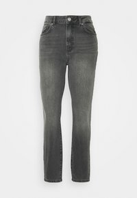 Jeans de tiro alto y pierna recta en denim negro desgastado. Presentan un clásico estilo de cinco bolsillos y un cierre de botón. Diseño minimalista.