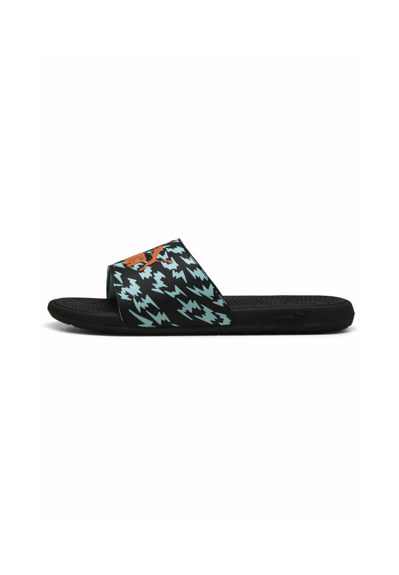 Black slide sandals with a textured sole and a graphic strap featuring light blue zigzag patterns and an orange logo.