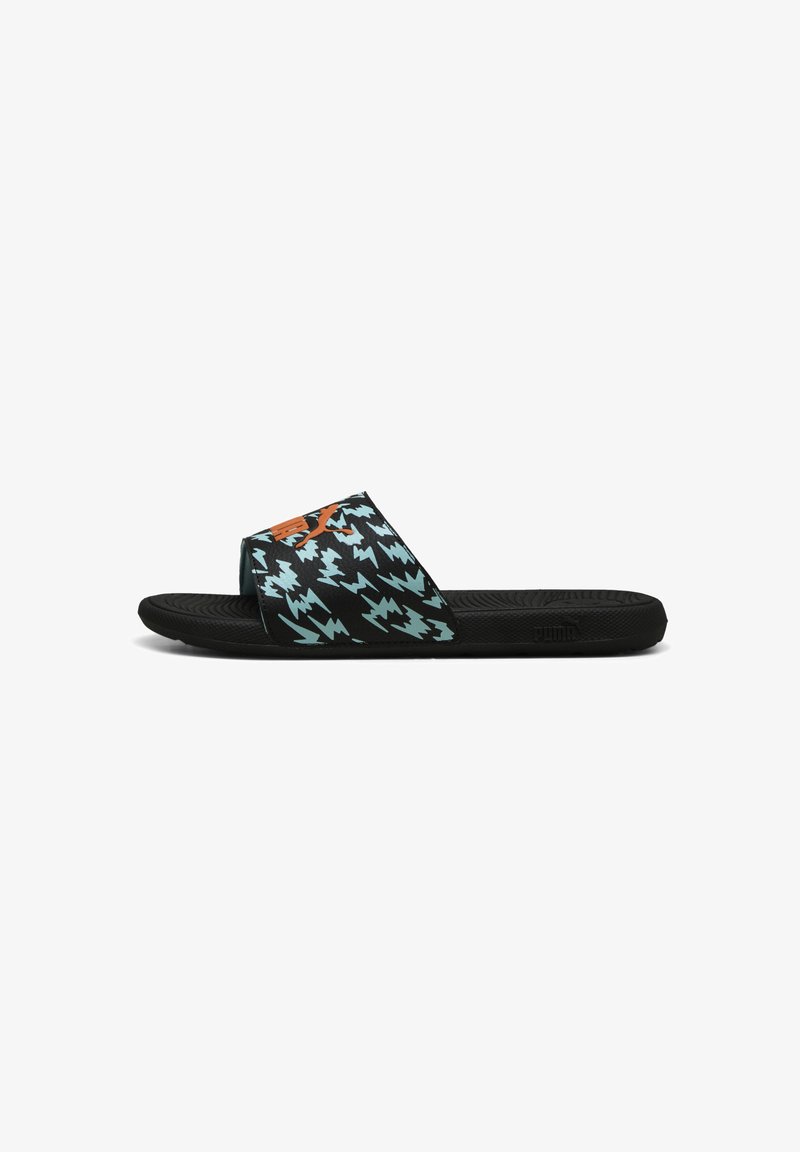Black slide sandals with a textured sole and a graphic strap featuring light blue zigzag patterns and an orange logo.