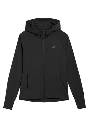 Schwarzer Hoodie mit durchgehendem Reißverschluss, langen Ärmeln, Daumenlöchern, Vorderentaschen und kleinem 4F-Logo auf der linken Brust.